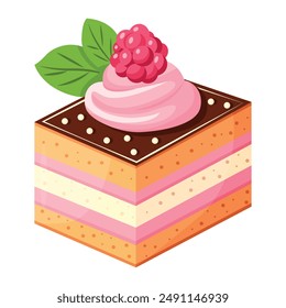 Piece of cake with raspberry filling and green leaf. The cake is cut into squares and covered with chocolate icing.