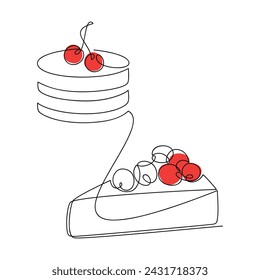 Piece of cake with red cherry berry vector. One line continuous drawing. Hand drawn illustration. Linear dessert icon. Abstract print, banner, card, brochure, bakery logo, caffe sign, symbol, menu.