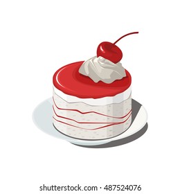 piece of cake with red icing and cherry