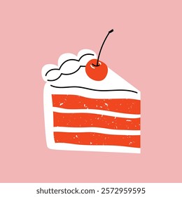 Piece of cake with red sponge cake, whipped cream and cherry on top with chalk texture on pink background, hand drawn illustration, flat style