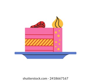 Piece of cake with red strawberry. Flat style cake. Vector illustration isolated on a white background. Good for stickers, cards design, tags, clipart. Groovy style