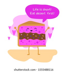 piece of cake rejoices and waves his hands with a pink heart. Sweet summer. Coffee house. Sweets. 