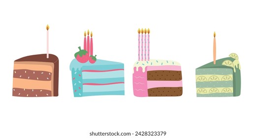 piece of cake set bright colors of birthday cakes
