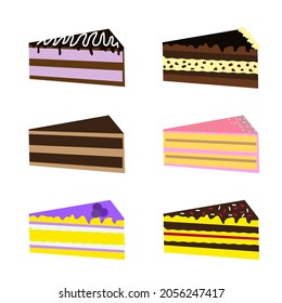 A piece of cake set. Sweet food. Simple flat design. Cartoon sugar. Decoration art. Vector illustration. Stock image. EPS 10.