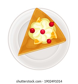 Piece of Cake with Shortcrust and Whipped Cream as Sugary Dessert Rested on Plate Vector Illustration