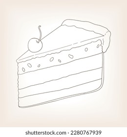 Piece of cake sketch brown style vector illustration. Old hand drawn engraving imitation.