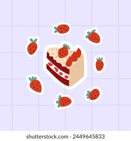 Piece of cake with strawberries around. Vector flat illustration sticker of red velvet bento cake