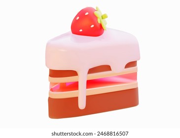 A piece of cake with strawberries and glossy icing. 3D vector illustration.