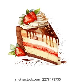A piece of cake with strawberries in a watercolor style. Vector stock illustration eps10