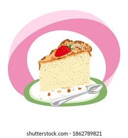 Piece of cake with Strawberry, bread crumbs and Powdered sugar topping. Drawing freehand vector illustration.
