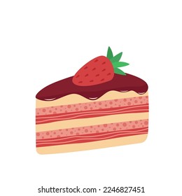 Piece of cake with strawberry and chocolate glaze. Flat, cartoon. Isolated vector illustration eps 10