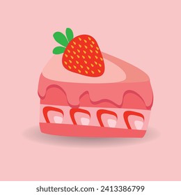 A piece of cake with strawberry decoration. suitable for menu posters wallpapers vector illustration in cartoon style. Eps 10 