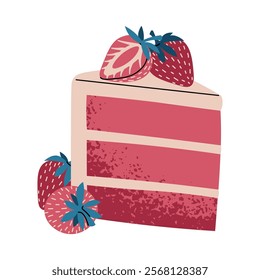 Piece of cake with strawberry in flat cartoon style. Delicious dessert on white background. Vector illustration for Valentine's day for cards, stickers, banners, etc.