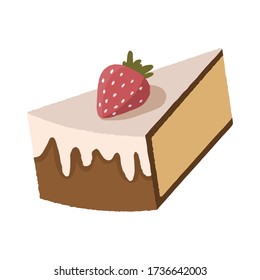 Piece of cake with strawberry. Hand drawn chocolate cheesecake slice vector illustration. Colorful dessert with creme pie isolated on white backround. EPS 10 format