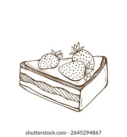Piece of cake with strawberry, hand drawn vector illustration
