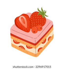 Piece of cake with a strawberry on top. Cute strawberry dessert flat vector. Delicious sweet dessert with strawberry flavor for Valentine day. Vector illustration