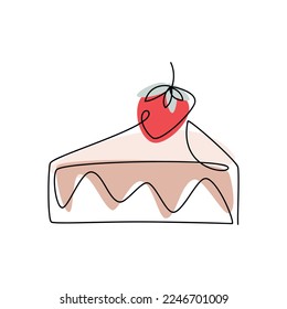 Piece of cake with strawberry vector one line continuous drawing illustration. Hand drawn linear silhouette icon. Minimal design element for print, banner, greeting card, brochure.