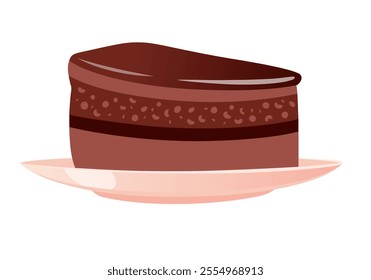 Piece of cake, sweet birthday dessert with chocolate icing. Multilayered dessert with chocolate cream and sponge cake on a white plate. Vector illustration isolated on white background