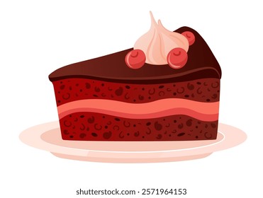 Piece of cake, sweet birthday dessert with chocolate frosting, decorated with meringue and berries. Multi-layered dessert with chocolate cream and sponge cake on plate. Isolated vector illustration 