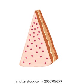 Piece of cake with sweet cream, frosting and sprinkles. Triangle slice of layered pastry. Tasty sugar food, top view. Yummy dessert. Flat cartoon vector illustration isolated on white background