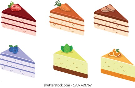 A piece of cake with a taste of strawberries, chocolate, blueberries, mint, blueberries and orange in a vector format