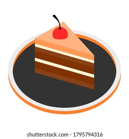 A piece of cake topping with cherry icon isolated on white background flat vector.