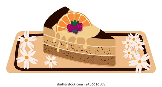 Piece of cake. Vector dessert with berries on a rectangular saucer