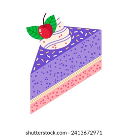 Pieza del icono del vector del pastel. Sabroso postre con morado, cereza, mousse de berry, gelatina, rocillo, hojas de menta. Salto de verano aislado en blanco. Pastel de cumpleaños dulce. Clásico plano de caricatura