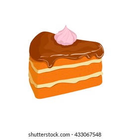 Piece of cake. Vector sliced portion of sponge cake with creamy layer, decorated with caramel cream Isolated image of a delicious tasty cake on white background for menu design, coffee, confectionery