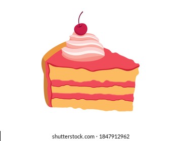 Piece of cake with whipped cream and cherry icon vector. Slice of a pink dessert vector. Pink cherry cake icon isolated on a white background