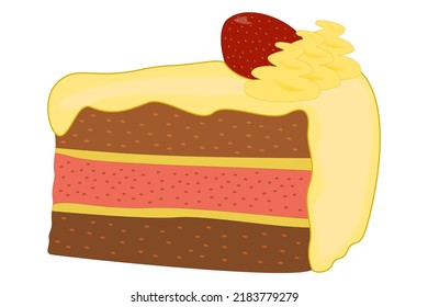 A piece of cake with white-yellow frosting, whipped cream and strawberry