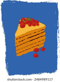 Un trozo de pastel sobre un fondo azul. Ilustración aislada Día del pastel. Ilustración vectorial. Cartel.