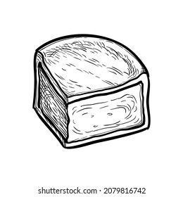 Piece of camembert cheese. Ink sketch isolated on white background. Hand drawn vector illustration. Vintage style stroke drawing.
