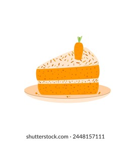 Piece of carrot cake portion on plate. Vector pie hand drawn flat illustration isolated on white background.