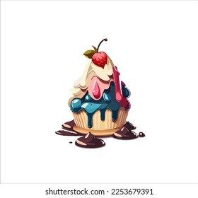 Piece of cartoon birthday cake with cream. Happy birthday greeting card design element. Vector illustration