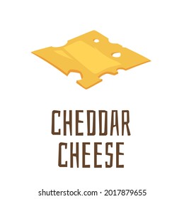 Piece of cheddar cheese, cartoon flat vector illustration isolated on white background. Slice of firm yellow cheese with holes, dairy product for sandwiches and burgers.