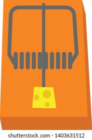 Un trozo de queso unido a la base de la ratonera con una barra primaveral que serpentea sobre el ratón cuando toca el cebo , vector, dibujo de color o ilustración.