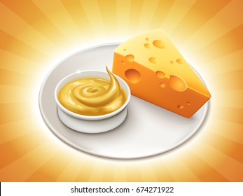 Pieza de queso con un cuenco de salsa de queso aislado a rayas en fondo en 3d ilustración