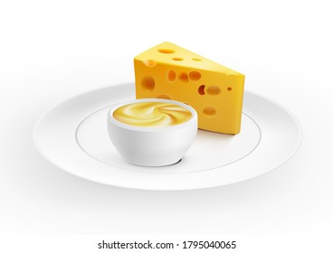 Piece Of Cheese With A Bowl Of Cheese Sauce On Plate. EPS10 Vector