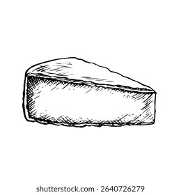 Um pedaço de camembert de queijo. Gráficos vetoriais, ilustrações desenhadas à mão em preto e branco. Isole em um fundo branco. Para embalagens e rótulos. Para banners e cartazes. Para menus de restaurante e bar.