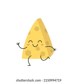 Piece of cheese cute character cartoon running smiling face happy joy emotions vector illustration.
