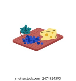 Piece of cheese and grape branch with leaf on wooden board vector flat illustration. Cartoon appetizer or snack fruits and food isolated on white background