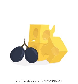 Piece of cheese and grape. Vector illustration isolated on white background