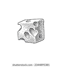 Piece of cheese. Hand drawn engraving style illustrations. Vector illustration.
