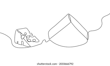 Piece of cheese with holes continuous line drawing set. One line art of dairy produce, milk products, food, hard cheese, parmesan piece.