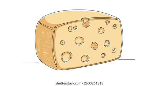piece of cheese with holes continuous single line minimalist illustration of a wedge of cheese featuring characteristic holes, created using a continuous single line drawing technique. 