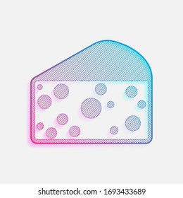 piece of cheese icon. Colored logo with diagonal lines and blue-red gradient. Neon graphic, light effect