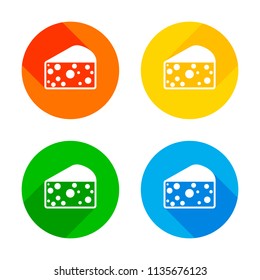 piece of cheese icon. Flat white icon on colored circles background. Four different long shadows in each corners
