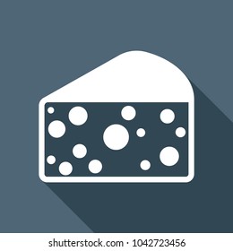 piece of cheese icon. White flat icon with long shadow on background