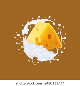 Piece of cheese in milk splash. Triangular slice of Swiss Cheese, brie , cheddar with holes. Milk farm logo. Realistic Vector 3d